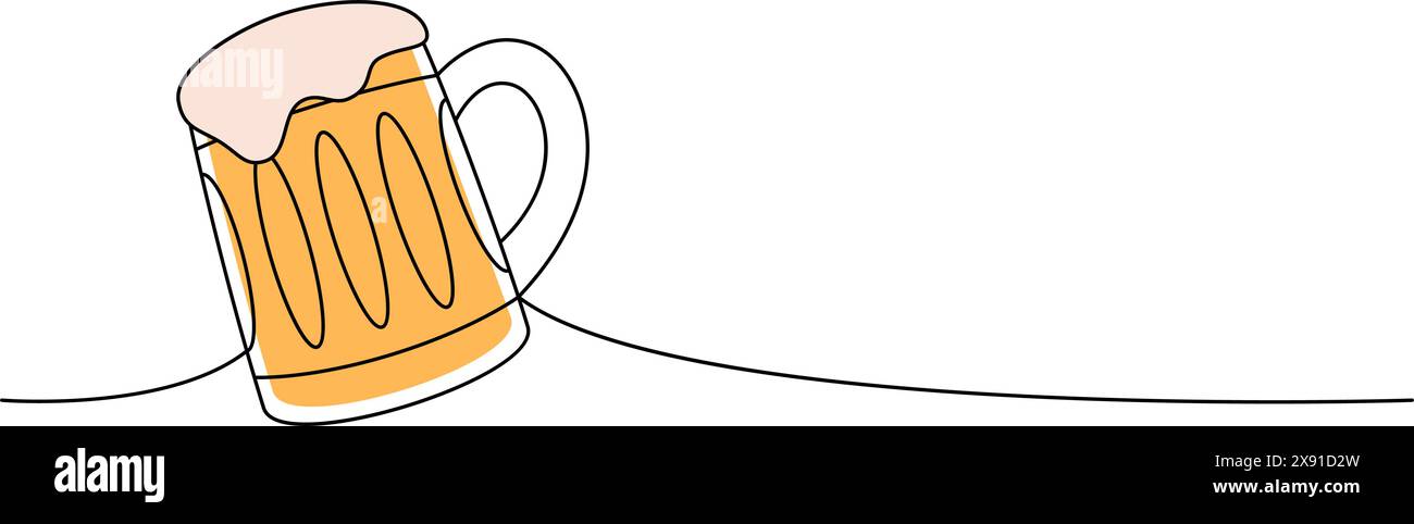 Tazza da birra a una linea colorata, disegno continuo. Illustrazione continua di una riga dei prodotti da pub della birra. Illustrazione lineare vettoriale. Illustrazione Vettoriale