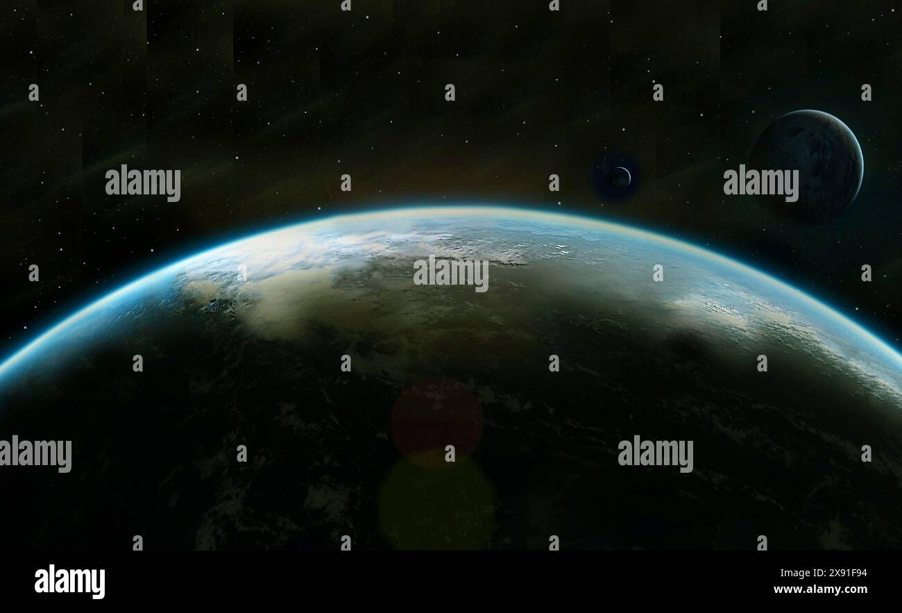 Una vista serena di un pianeta con la sua atmosfera illuminata contro l'oscurità dello spazio e le stelle lontane Foto Stock