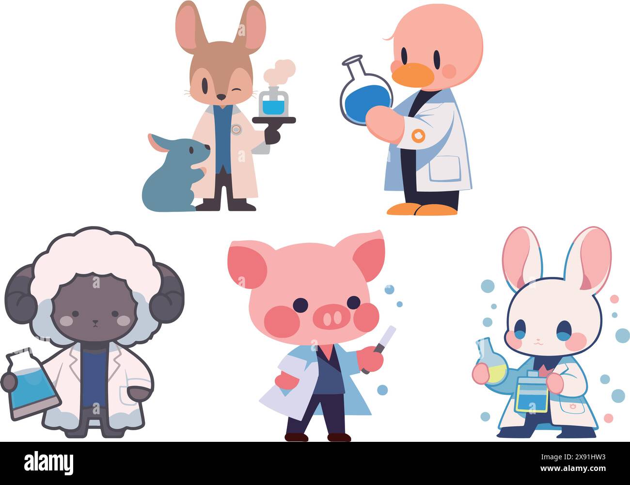 Pacchetto illustrativo che combina immagini di animali che imitano scienziati professionisti in laboratorio Illustrazione Vettoriale