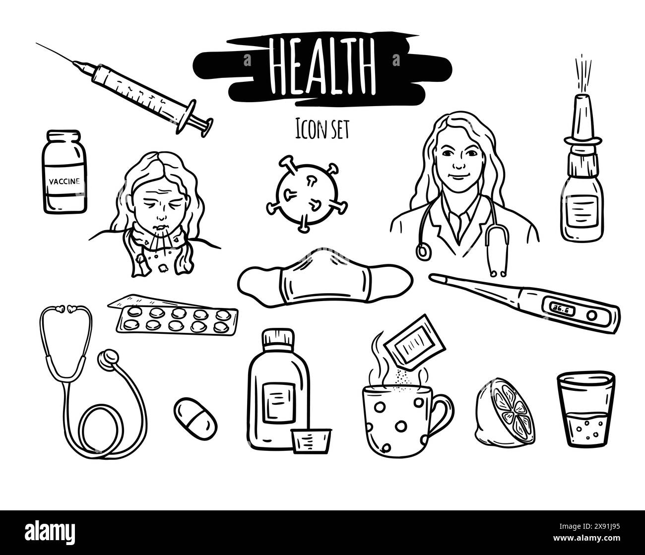 Insieme di icone modificabili di salute, covid, vaccinazione e prevenzione delle malattie. Illustrazione disegnata a mano in bianco e nero Illustrazione Vettoriale