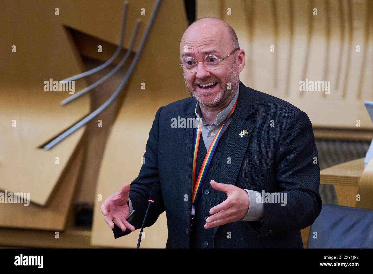 Edimburgo Scozia, Regno Unito 28 maggio 2024. Co-leader dei Verdi scozzesi Patrick Harvie MSP al Parlamento scozzese. credito sst/alamy notizie in diretta Foto Stock