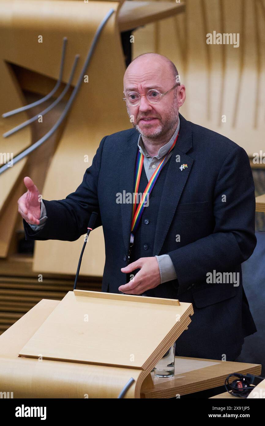 Edimburgo Scozia, Regno Unito 28 maggio 2024. Co-leader dei Verdi scozzesi Patrick Harvie MSP al Parlamento scozzese. credito sst/alamy notizie in diretta Foto Stock