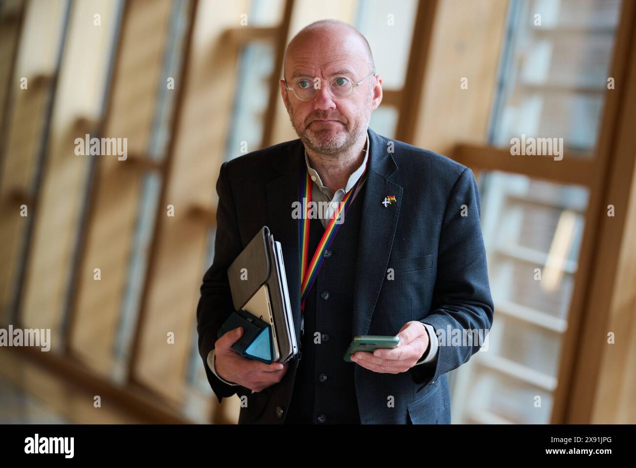 Edimburgo Scozia, Regno Unito 28 maggio 2024. Co-leader dei Verdi scozzesi Patrick Harvie MSP al Parlamento scozzese. credito sst/alamy notizie in diretta Foto Stock