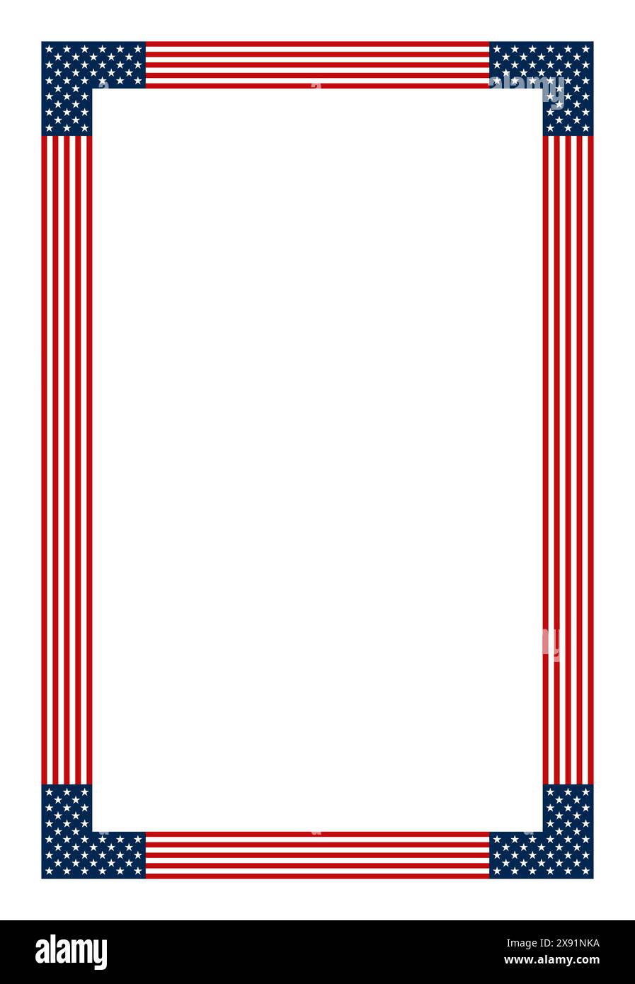 Motivo della bandiera americana, cornice rettangolare verticale. Bordo rettangolare decorativo realizzato con motivo a stelle e strisce. Foto Stock