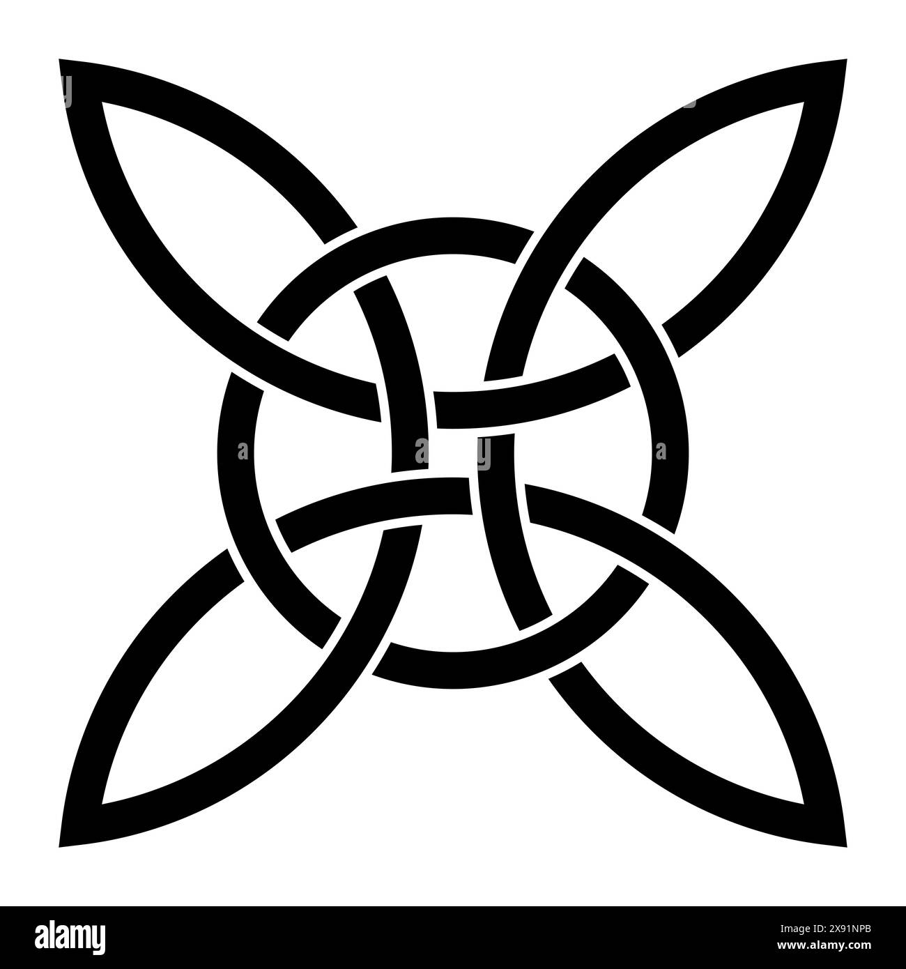 Nodo quadruplo celtico con cerchio interlacciato. Croce celtica, formata da quattro archi interconnessi infiniti intrecciati con un cerchio. Simbolo spirituale e religioso. Foto Stock