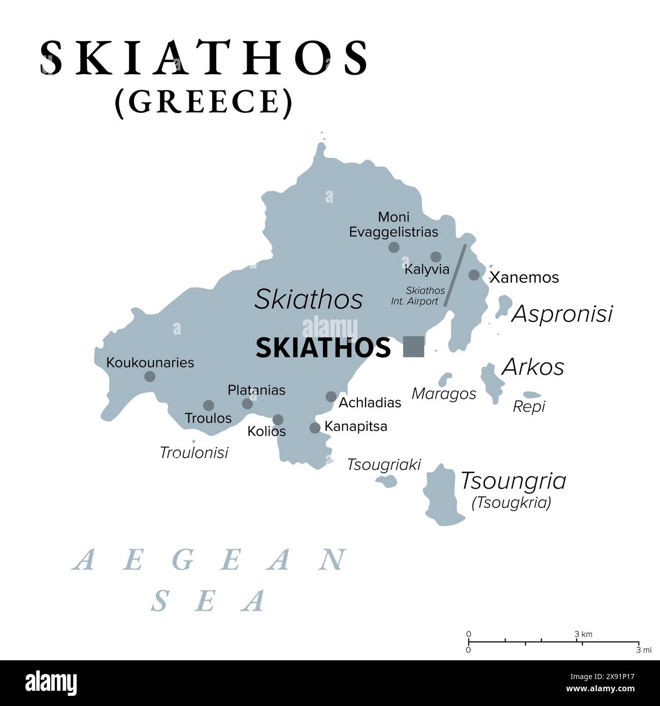 Skiathos, piccola isola greca, mappa politica grigia. Isola nel Mar Egeo, parte di Sporadi, con la città principale Skiathos, e con isolotti vicini. Foto Stock