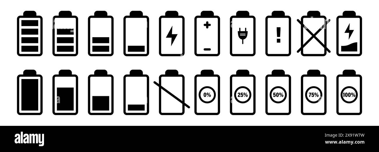 Set icone batteria vettoriale piatta. Diverso livello di carica. Indicatore della batteria per auto o telefono, segnali di carica della batteria del dispositivo. Energia di ricarica wireless Illustrazione Vettoriale