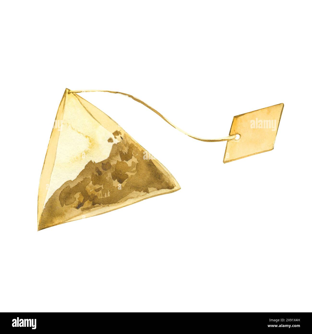 Una bustina di tè a forma di piramide con un filo e un'etichetta. Illustrazione acquerello. Tutti gli elementi sono dipinti a mano in acquerello. Per la stampa Foto Stock