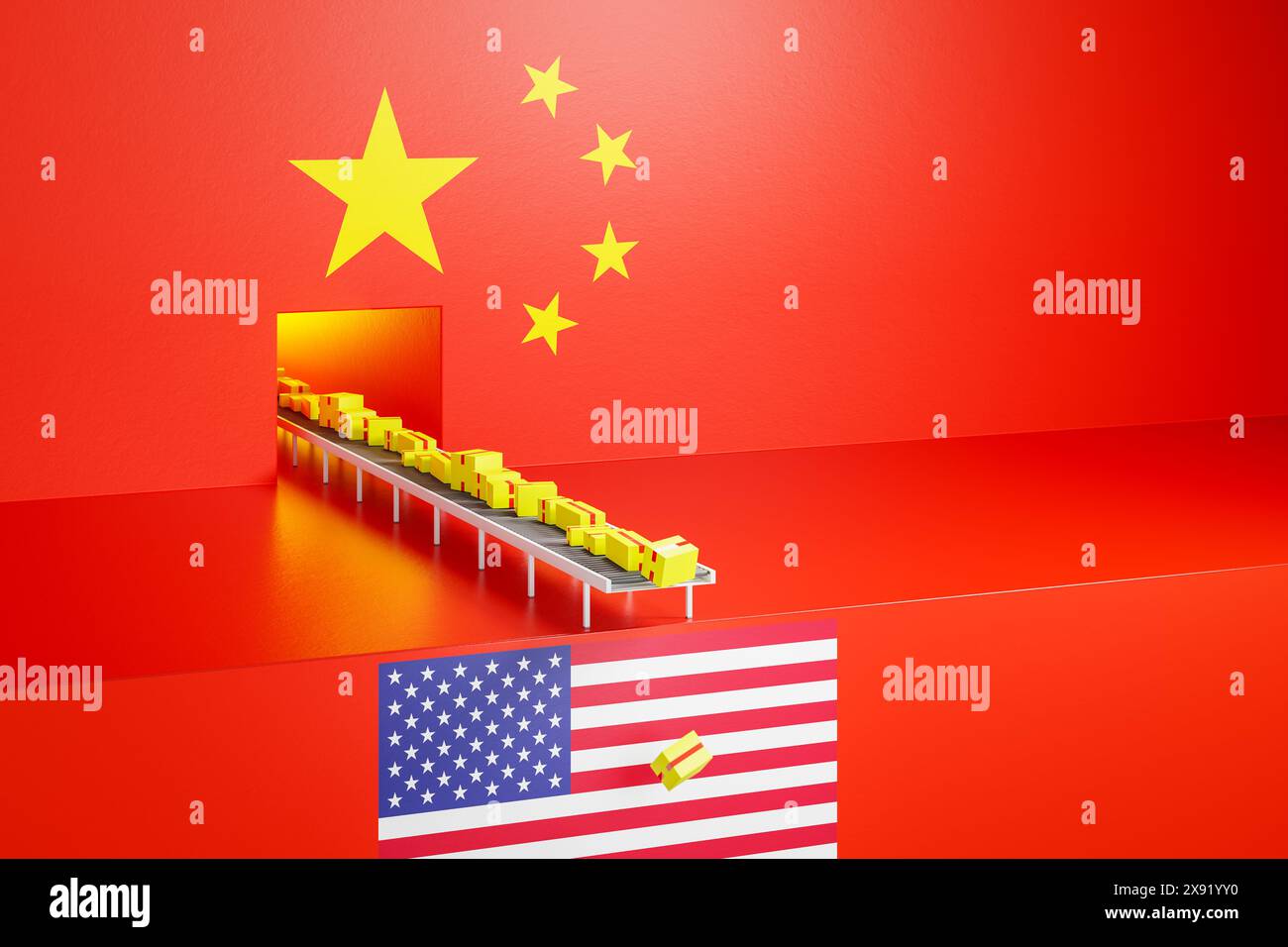 Commercio tra Cina e Stati Uniti concetto: La Cina scarica molti prodotti economici negli Stati Uniti. Molti pacchi cadono alla fine di un pr Foto Stock