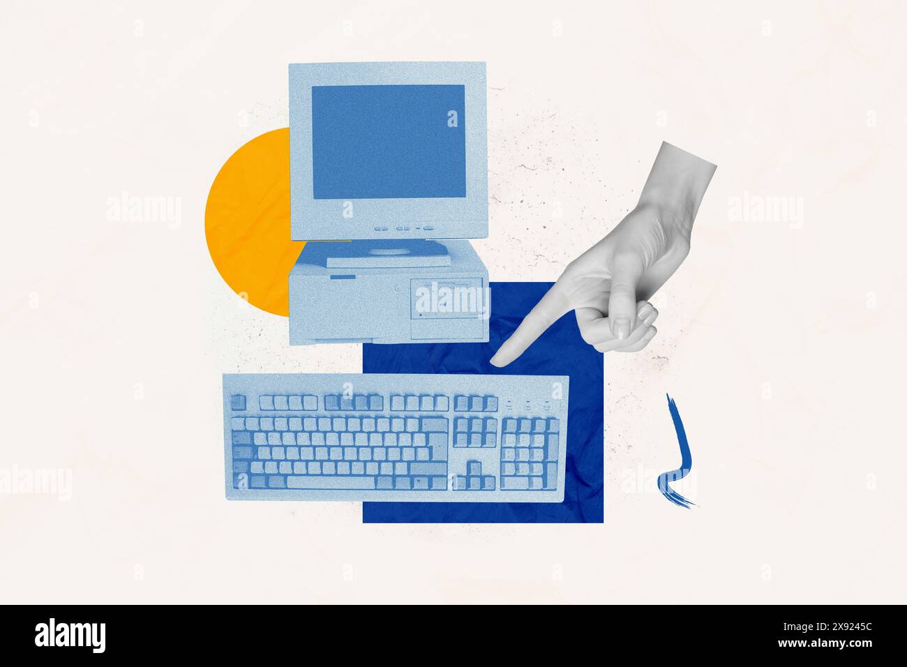 Collage di grafica composita di colore blu monitor del vecchio computer tecnologia retro tastiera mano apparire puntare il dito toccare premere il pulsante Foto Stock