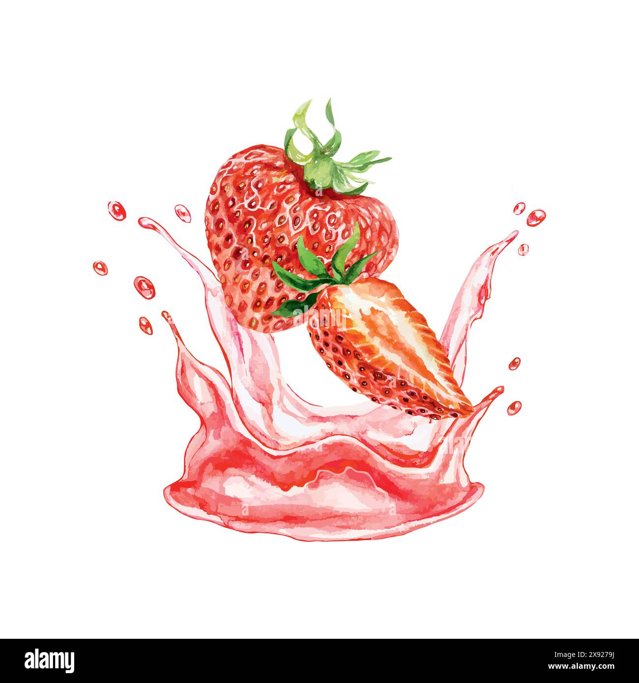 Fragole e succo spruzzano acquerello. Bacche intere e mezze. Illustrazione vettoriale. Per schede, menu, poster, copertine, striscioni, etichette da bere, perche' Illustrazione Vettoriale