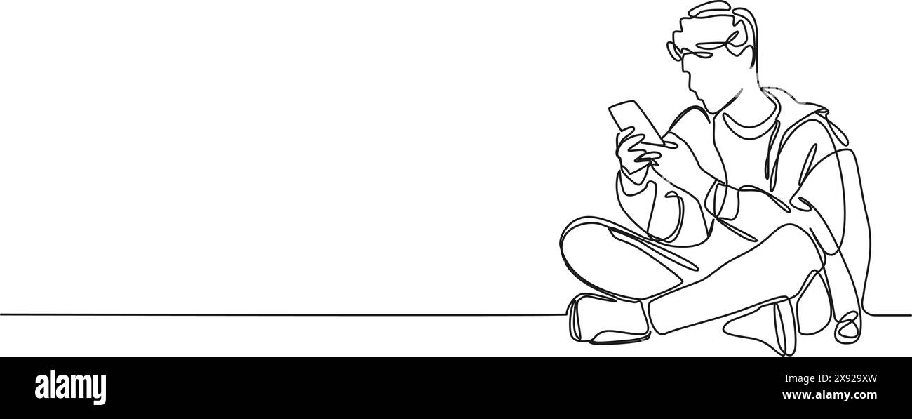 disegno continuo su una sola linea di un giovane seduto a terra utilizzando lo smartphone, illustrazione vettoriale line art Illustrazione Vettoriale