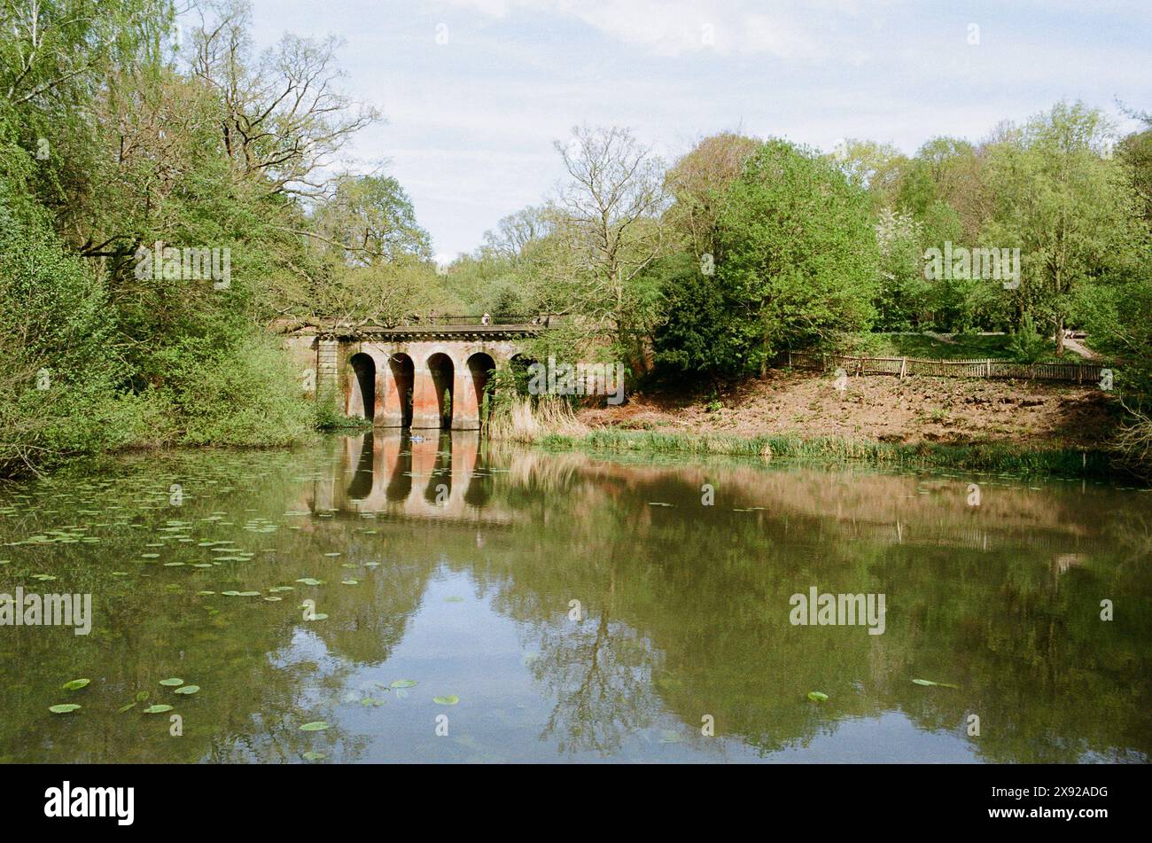 Viaduct Pond e Viaduct Bridge su Hampstead Heath, Londra Regno Unito, in primavera Foto Stock