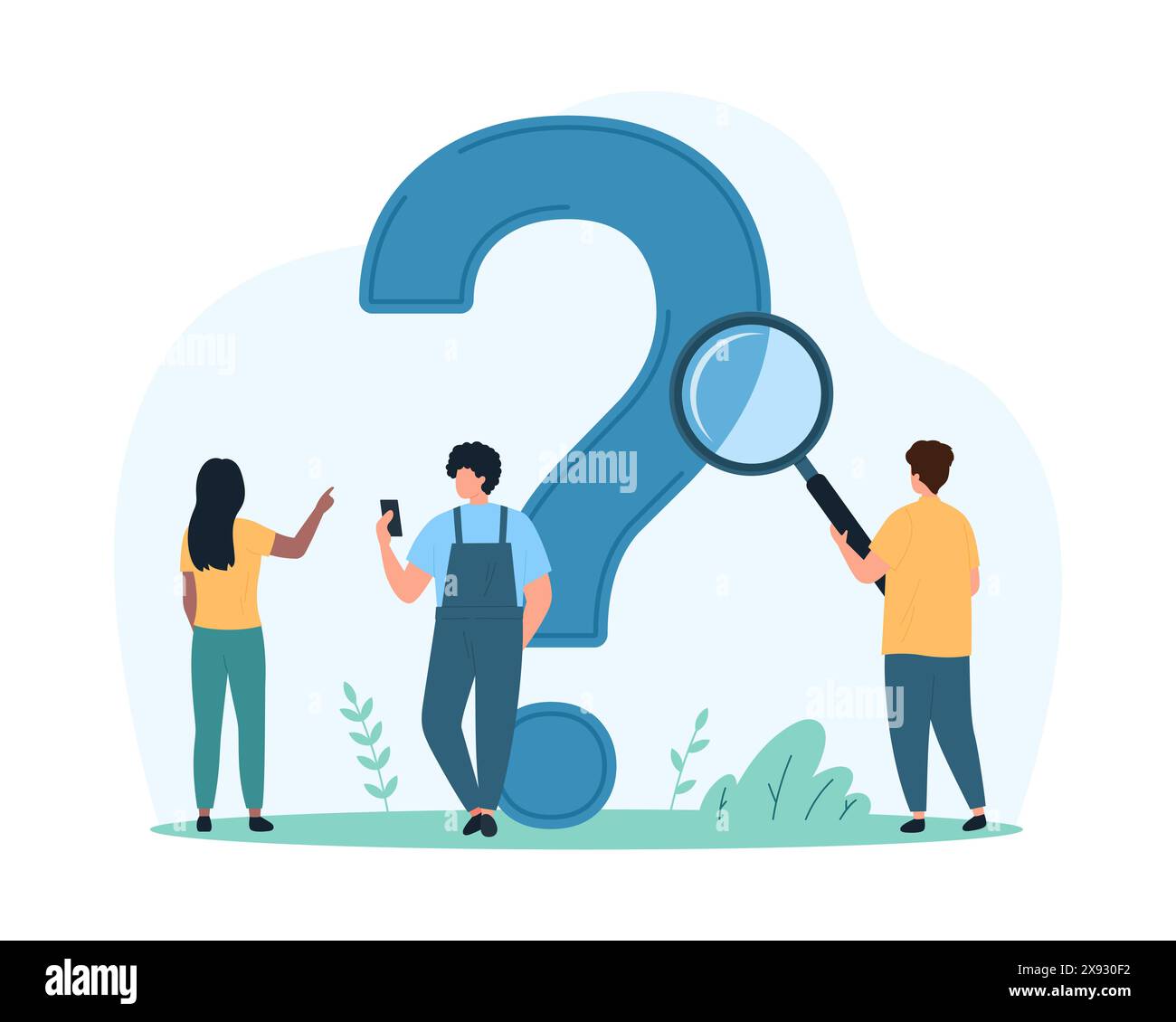 Ricerca di domande, analisi delle informazioni e ricerca di risposte a domande e domande frequenti. Piccoli curiosi guardano attraverso la lente d'ingrandimento al punto interrogativo, indagano sull'illustrazione vettoriale del cartone animato Illustrazione Vettoriale