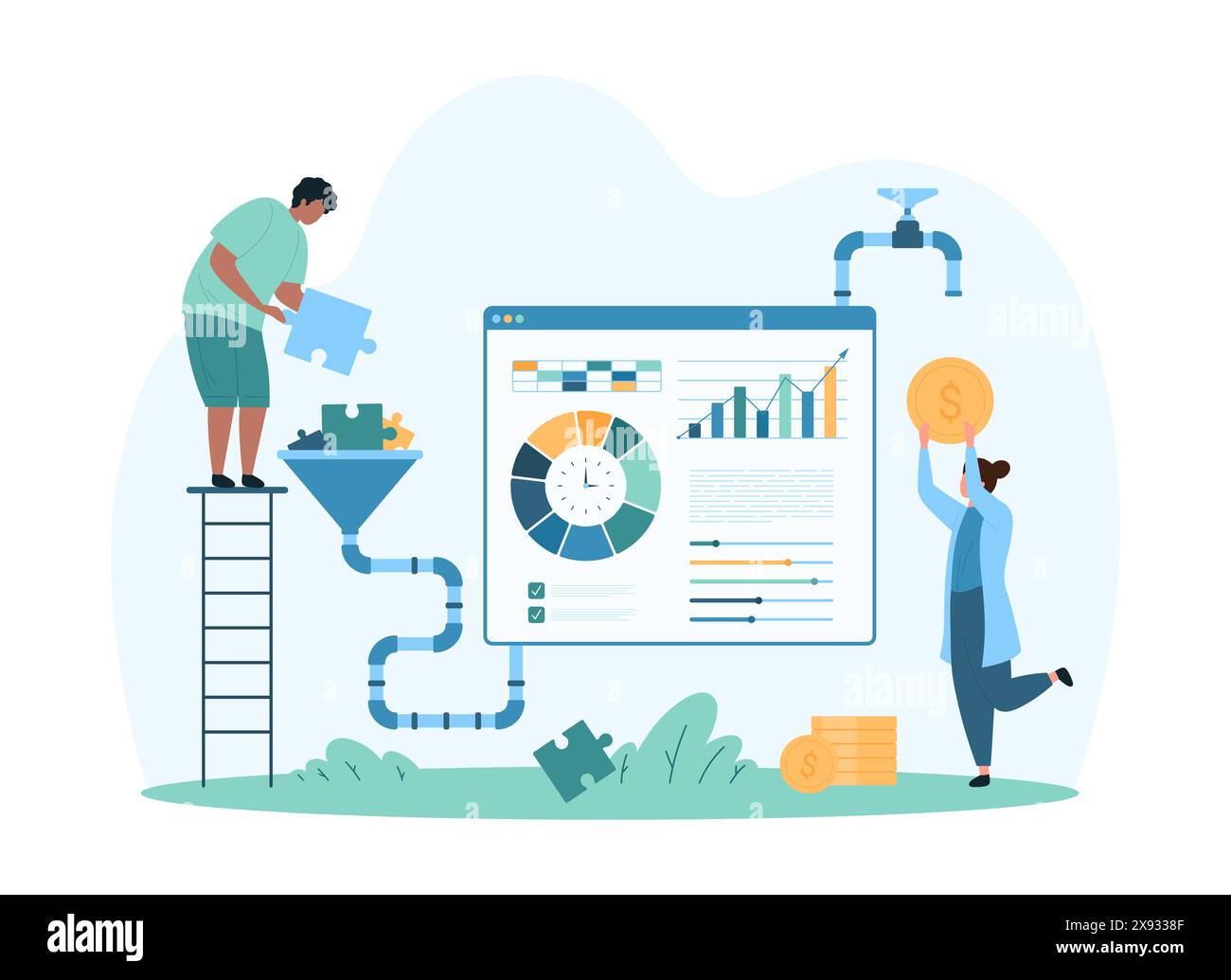 Imbuto di vendita, processo di conversione del marketing online e monetizzazione delle idee. Le persone più piccole guadagnano dai grafici di analisi e flusso di puzzle, dalla strategia di aumentare i ricavi dalle illustrazioni vettoriali dei cartoni animati Illustrazione Vettoriale