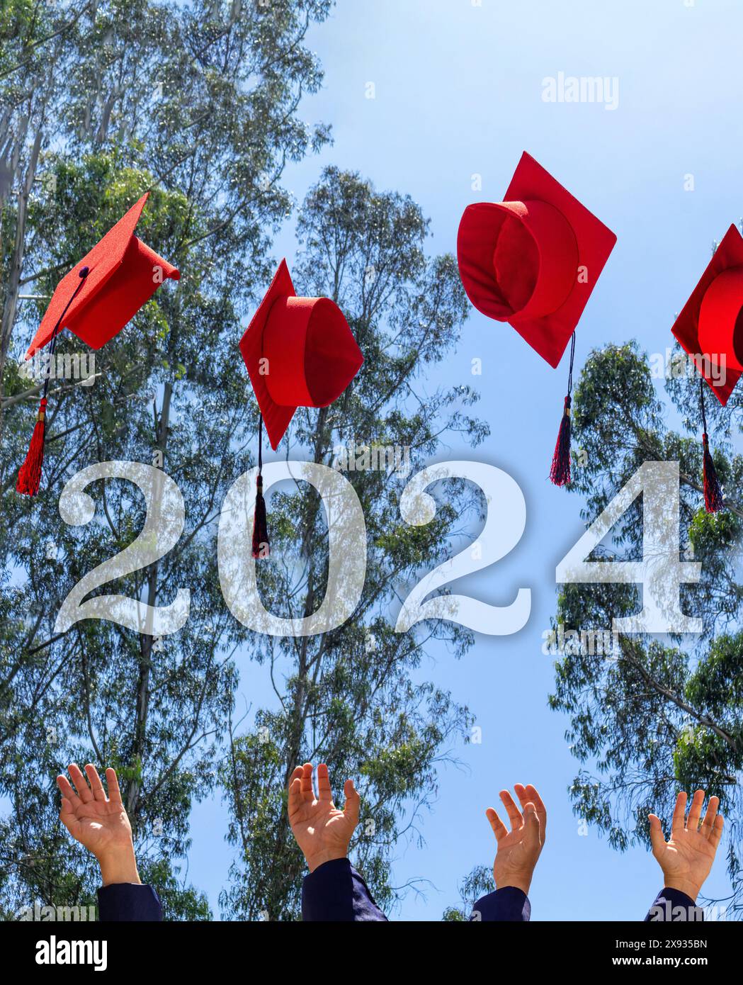 Mani nell'aria di persone irriconoscibili che lanciano in aria i loro cappelli per celebrare la laurea dell'anno 2024. Concetto per laureati Foto Stock