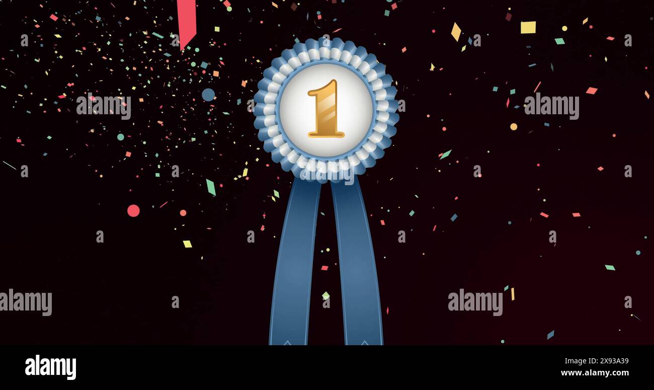 Immagine della medaglia con il numero uno d'oro e il nastro blu e coriandoli galleggianti su sfondo nero Foto Stock
