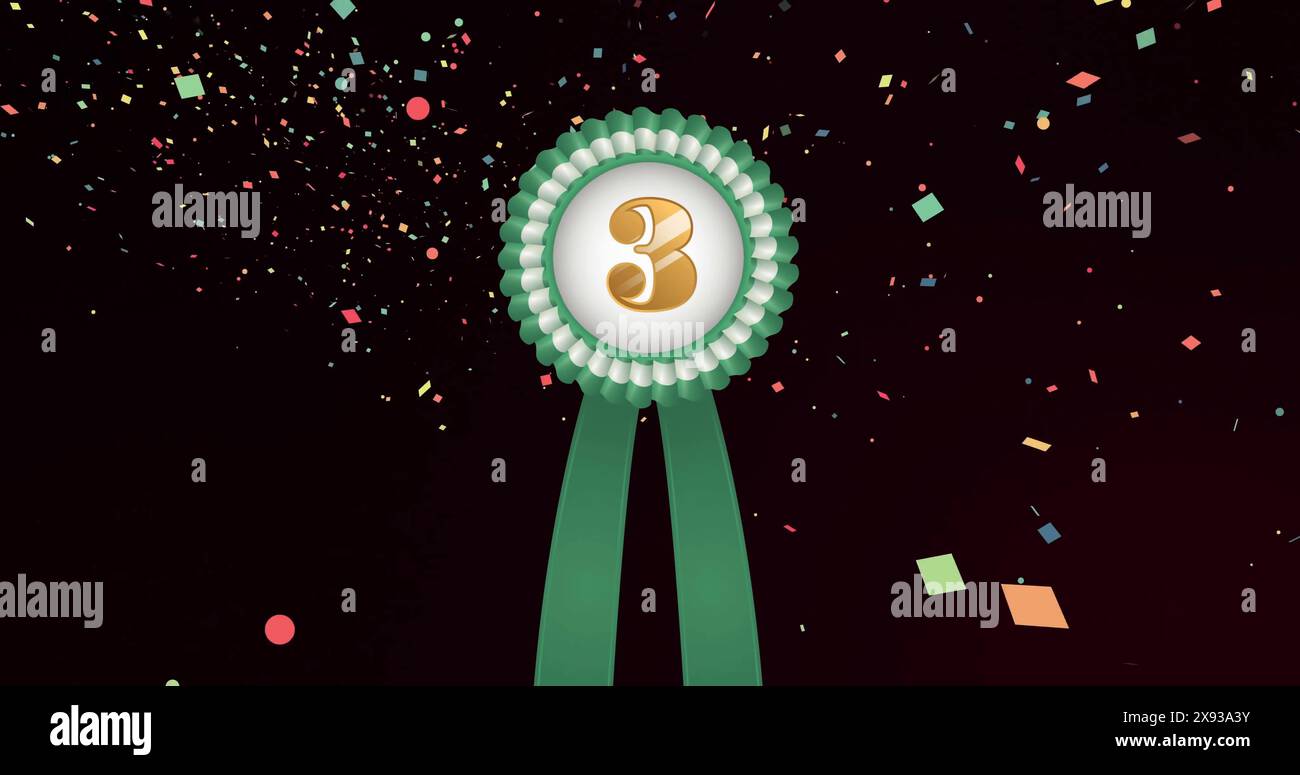 Immagine della medaglia con il numero tre d'oro e il nastro verde e coriandoli galleggianti su sfondo nero Foto Stock