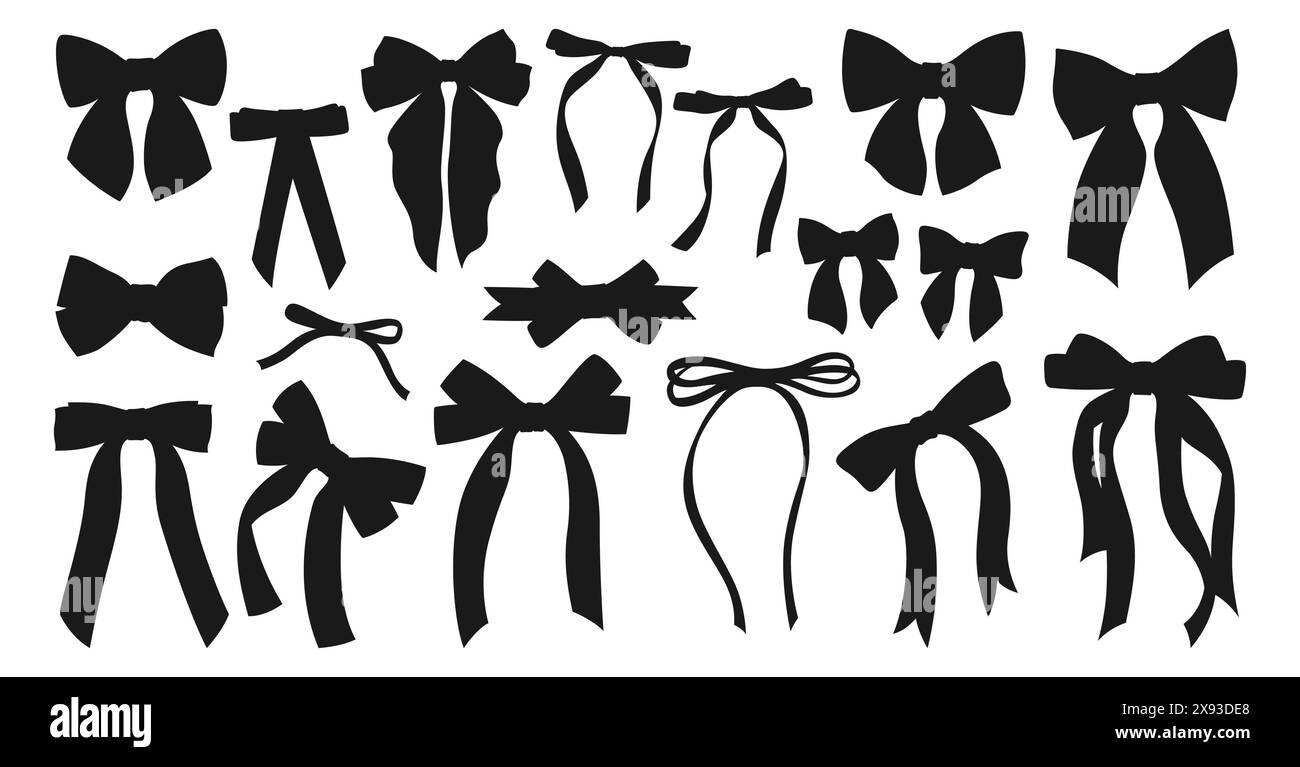Set silhouette con fiocchi a nastro. Nastro regalo per nodo cartoni animati di varie forme, accessorio per capelli. Decorazioni eleganti e alla moda per San Valentino, feste di nozze e compleanni. Illustrazione vettoriale Illustrazione Vettoriale