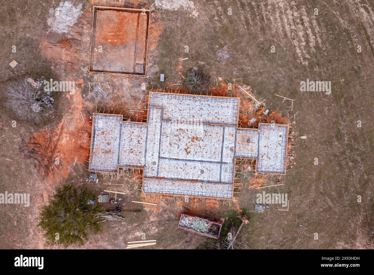 Vista aerea della cassaforma per la fondazione di una casa personalizzata nel Mississippi rurale Foto Stock