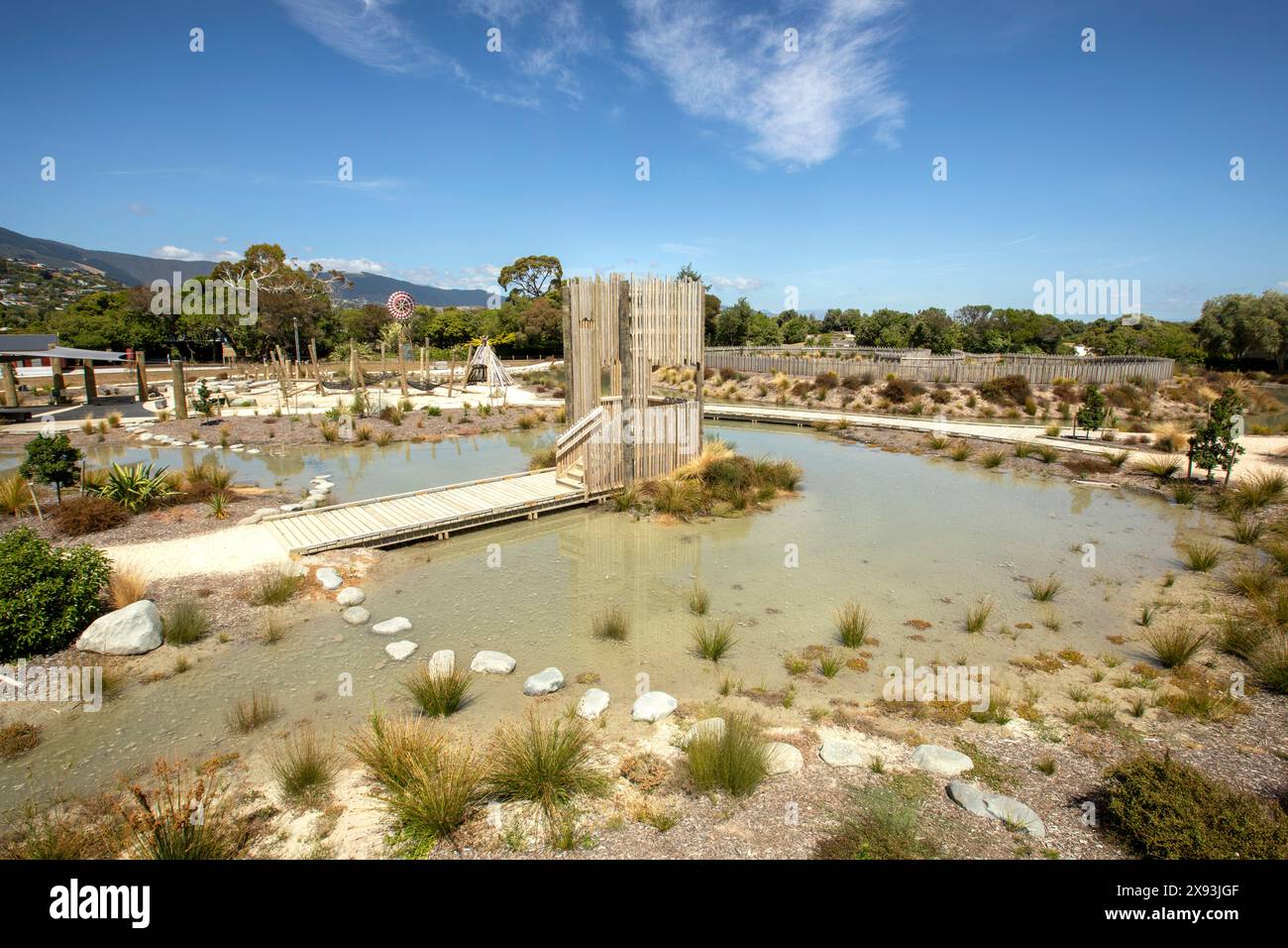 Immagine di Tim Cuff. 13 febbraio 2024. Alta marea presso l'ex stagno del modellatore, ora parco giochi te Pa Harakeke, Nelson, nuova Zelanda. Foto Stock