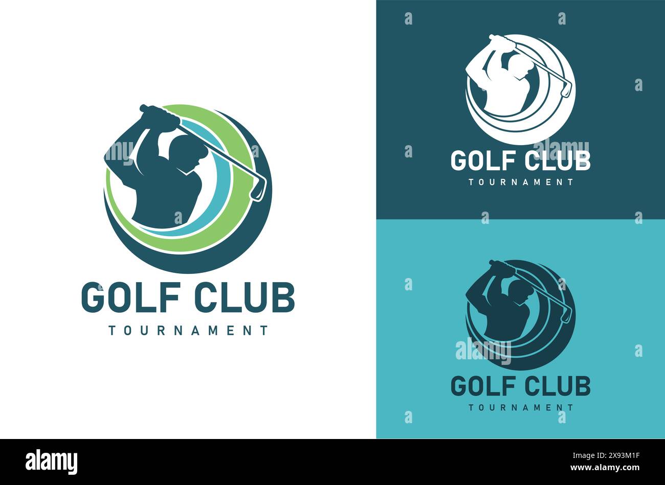 Logo per il torneo di golf club. Il logo raffigura un uomo con in mano una mazza da golf e una palla. Il logo è blu e verde ed è circolare Illustrazione Vettoriale