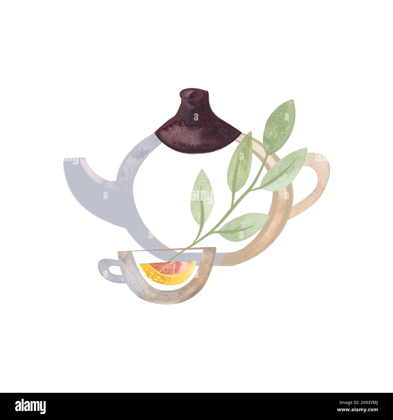 Tisane: Bicchieri, teiera, tazza e rami di piante verdi, fiori e limone. Illustrazione per la progettazione di confezioni di tè, dolci, cosmetici Foto Stock