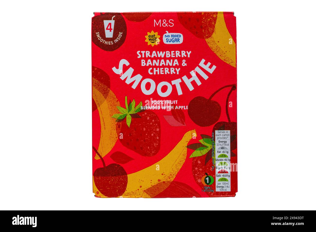 Scatola di frullato di fragole, banana e ciliegia di M&S isolato su sfondo bianco - 100% di frutta mescolata con mela Foto Stock