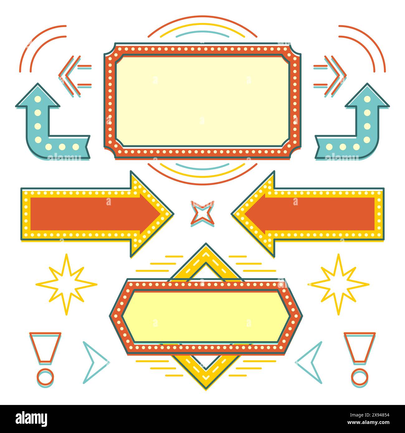 Set di elementi per il design dei segni degli anni '1950 in stile retrò americano. Lampadine per cartellonistica, cornici, frecce, icone, lampade al neon. Per pubblicità, biglietti di auguri, pos Illustrazione Vettoriale