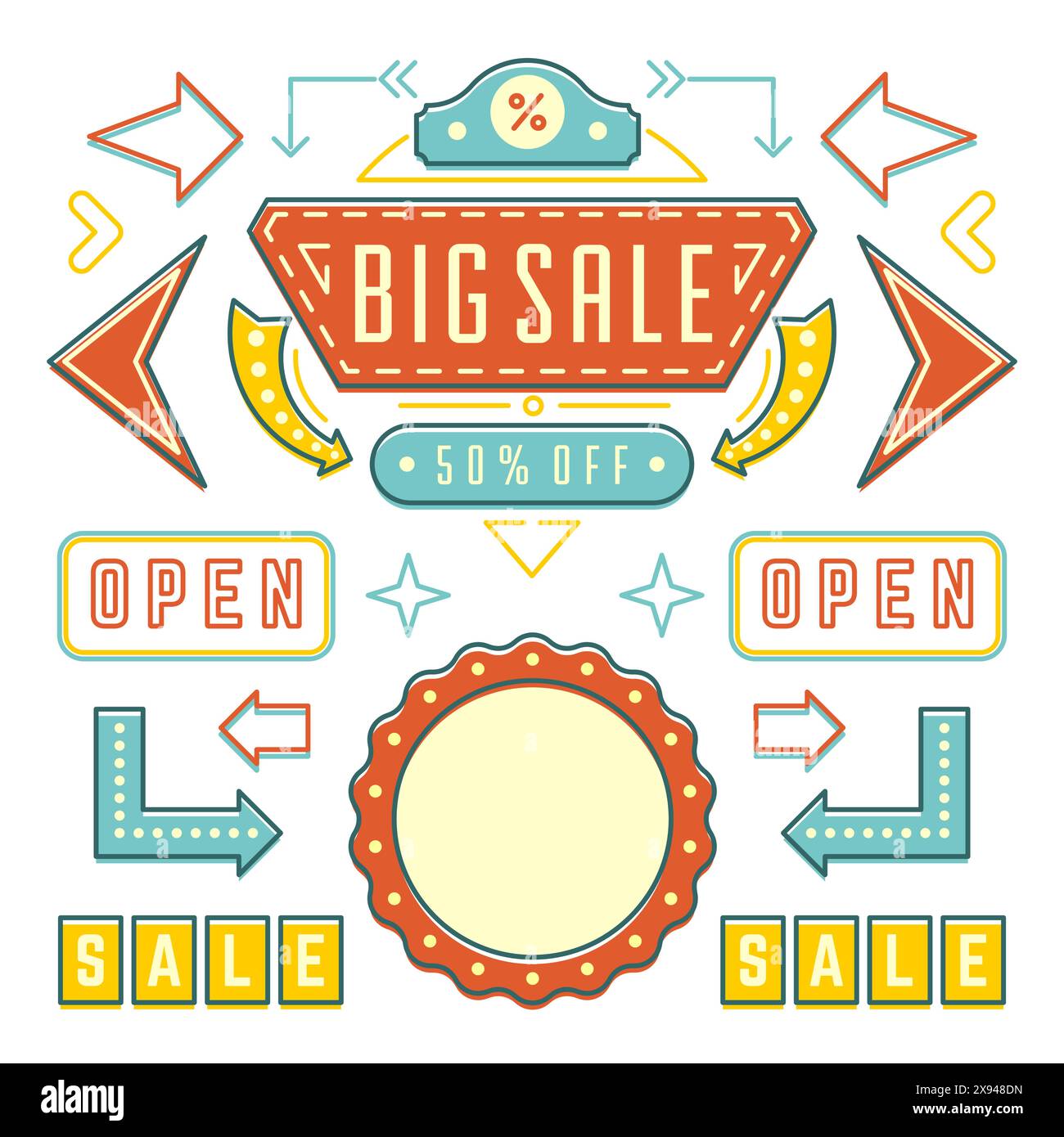 Set di elementi di design con segno Showtime retrò. Lampadine per cartellonistica, cornici, frecce, icone e lampade al neon. Stile americano per la pubblicità, il saluto Illustrazione Vettoriale