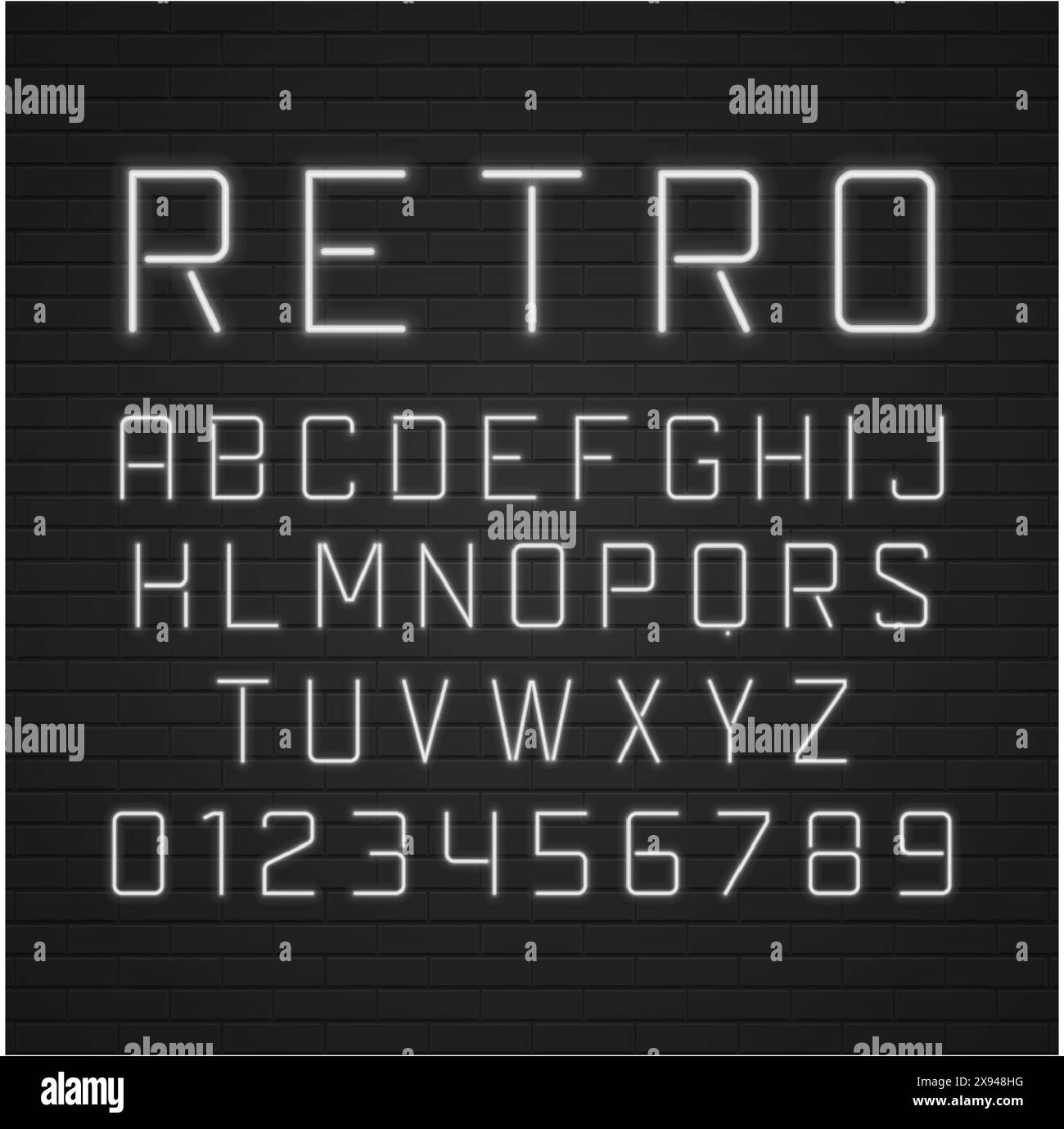 Design vettoriale con scritte retrò e lampade al neon chiaro. Alfabeto 3d vintage con effetto ombra su sfondo mattoni rossi, Sign Design anni '1950, retro Illustrazione Vettoriale