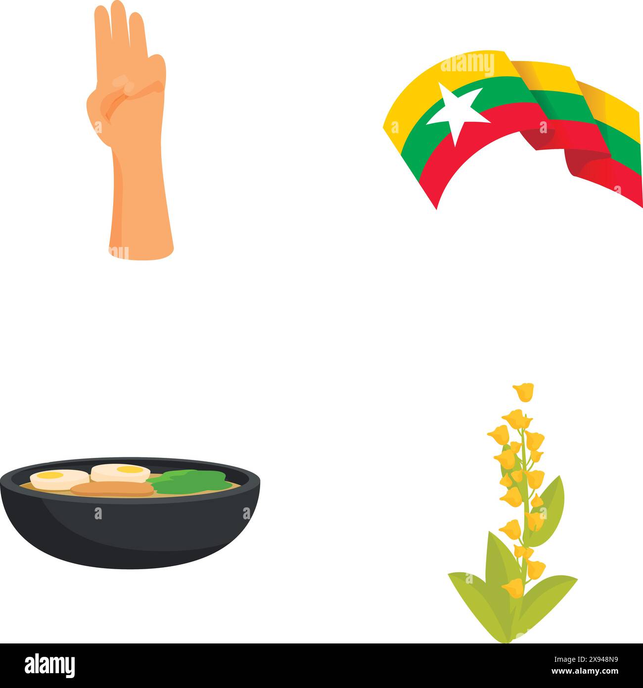 Le icone del Myanmar impostano il vettore dei cartoni animati. Repubblica dell'unione di myanmar. Paese del sud-est asiatico Illustrazione Vettoriale