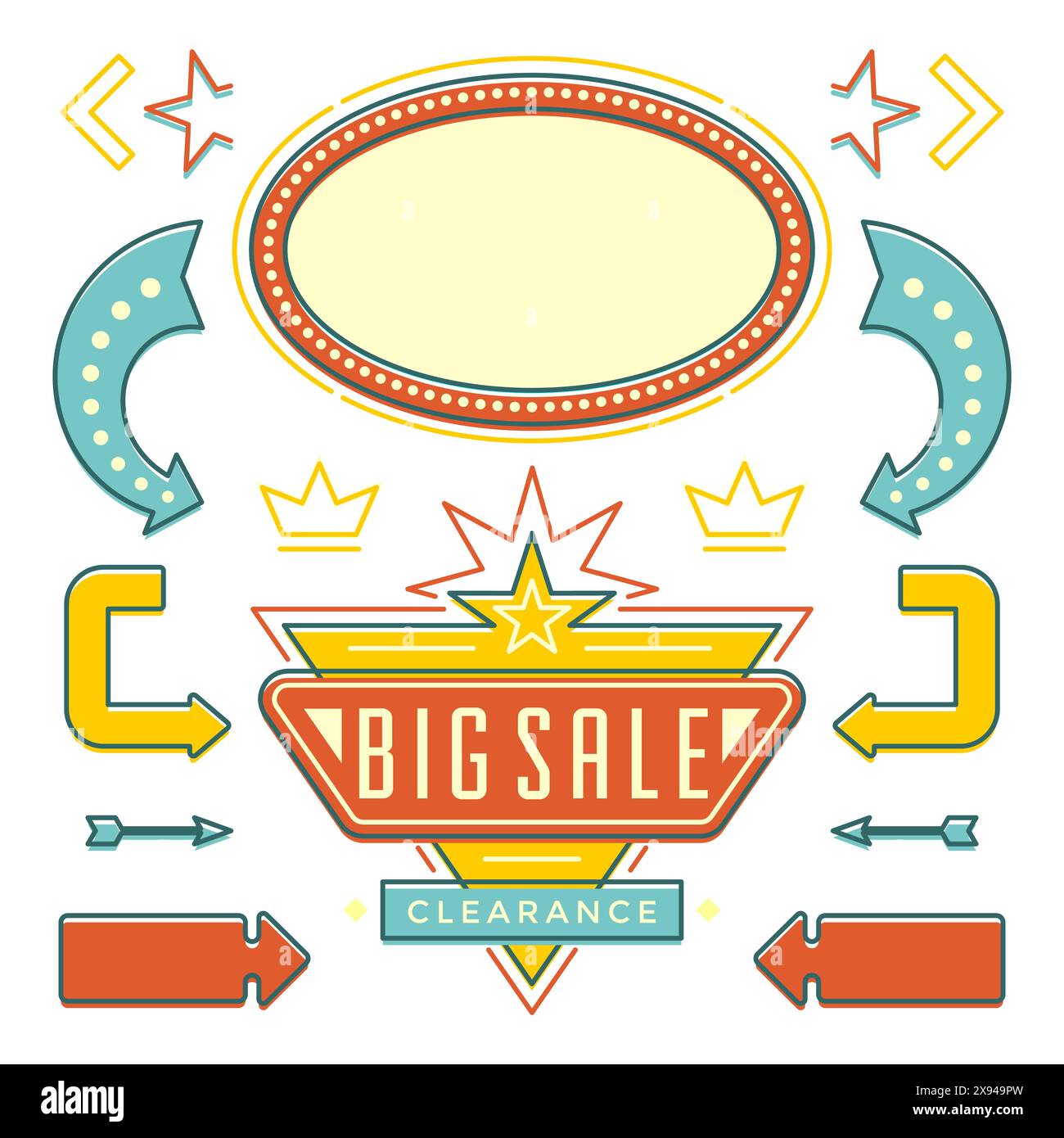 Set di elementi per il design dei segni degli anni '1950 in stile retrò americano. Lampadine per cartellonistica, cornici, frecce, icone, lampade al neon. Per pubblicità, biglietti di auguri, pos Illustrazione Vettoriale