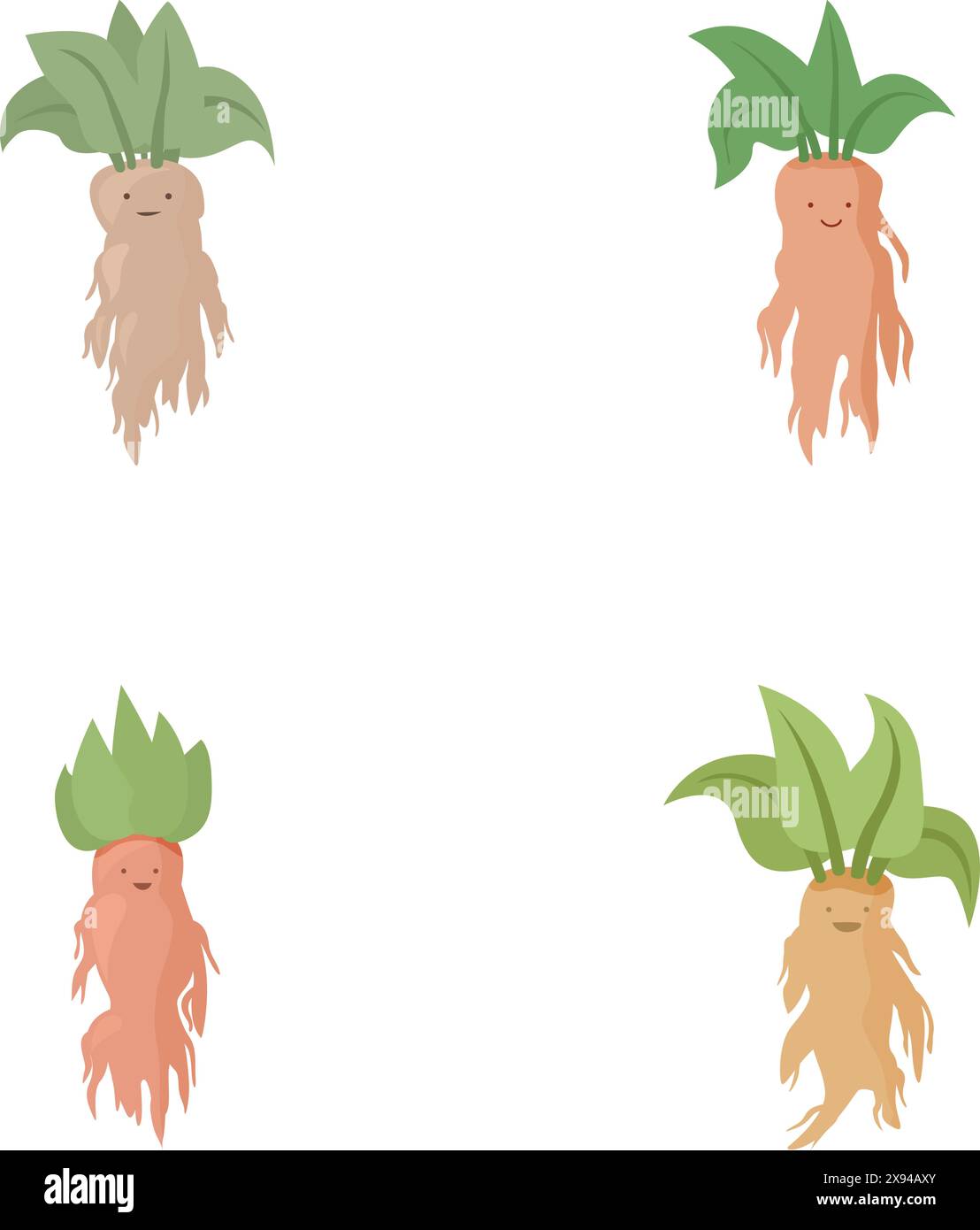 Collezione di simpatici e allegri personaggi delle radici di mandrake dei cartoni animati in un magico e incantevole giardino botanico, perfetto per libri di fiabe e animazioni per bambini Illustrazione Vettoriale