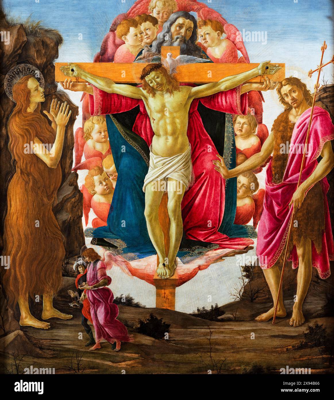 Sandro Botticelli, Trinità con Santa Maria Maddalena e San Giovanni Battista, Arcangelo Raffaello e Tobias, pittura a tempera e olio su tavola, 1491-1494 Foto Stock