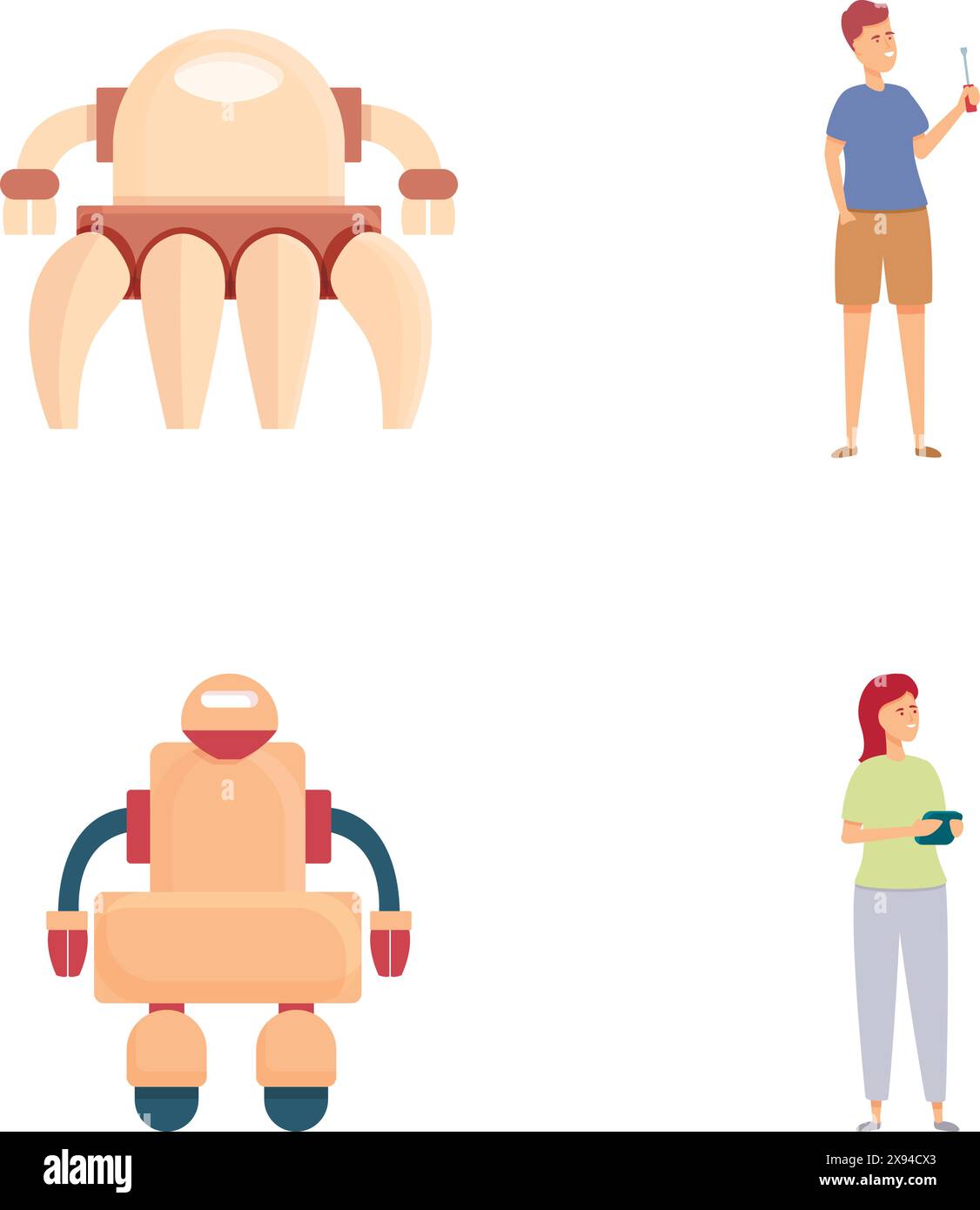 Illustrazioni di design piatto di persone con robot moderni Illustrazione Vettoriale