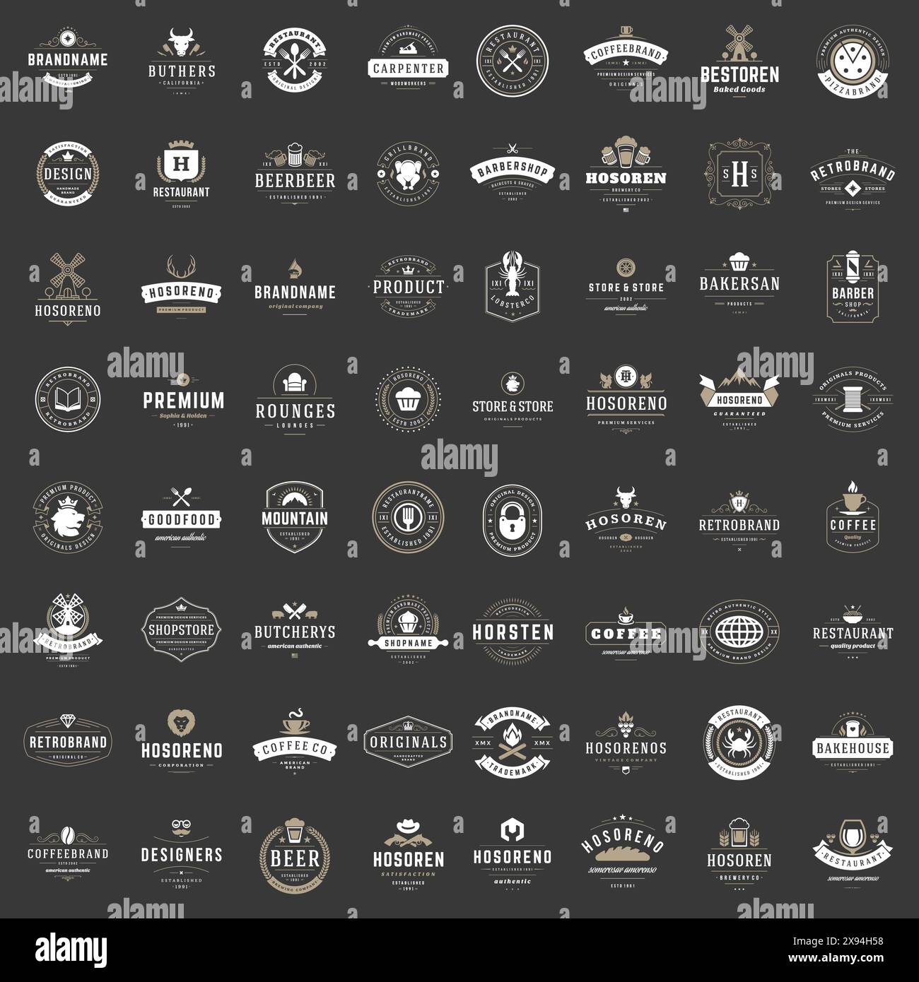Set di modelli di design di loghi vintage. Collezione elementi logotipi vettoriali, simboli icone, etichette retrò, distintivi e silhouette. Illustrazione Vettoriale