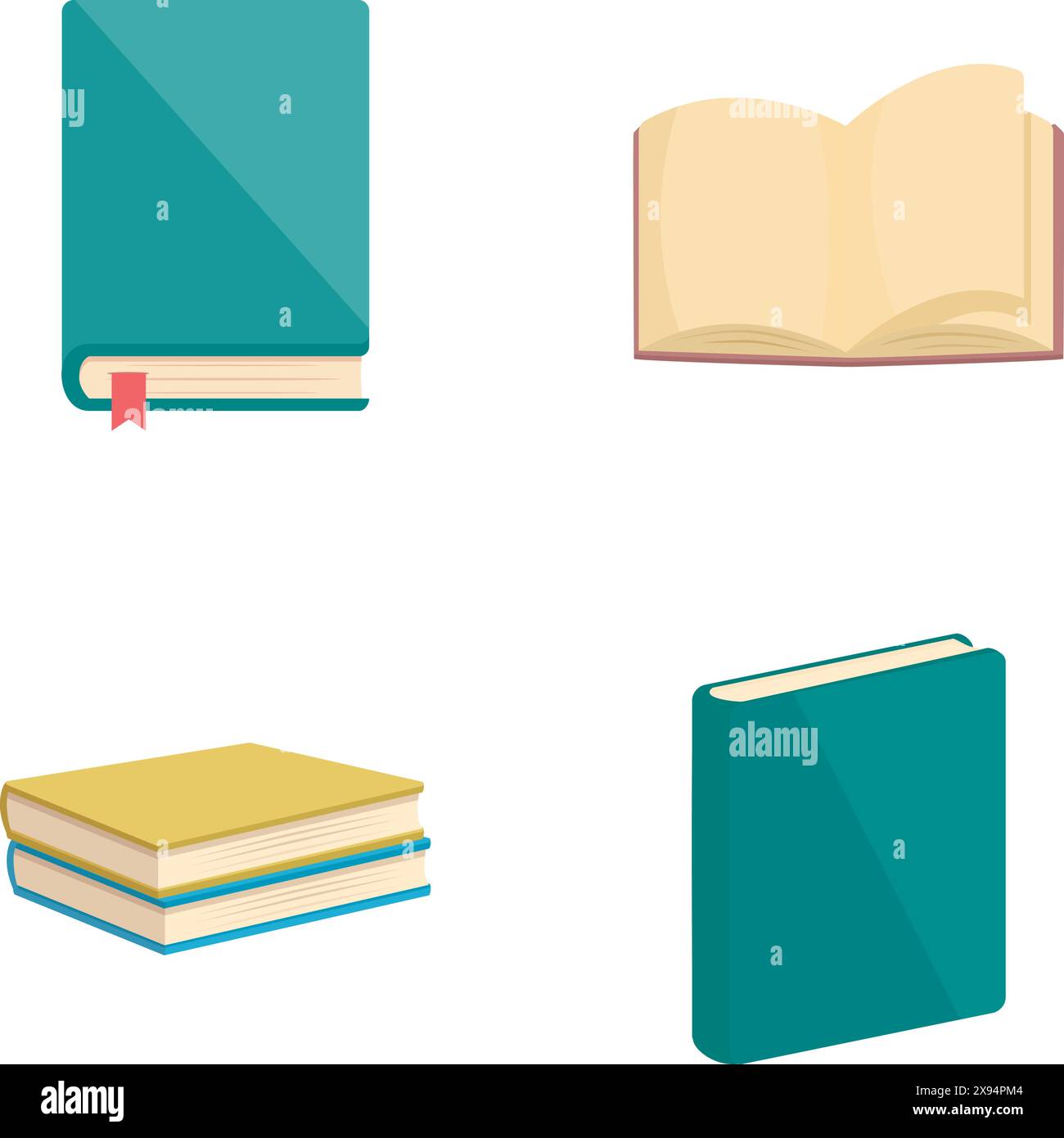 Set di quattro diverse illustrazioni di libri di cartoni animati, isolate su sfondo bianco Illustrazione Vettoriale