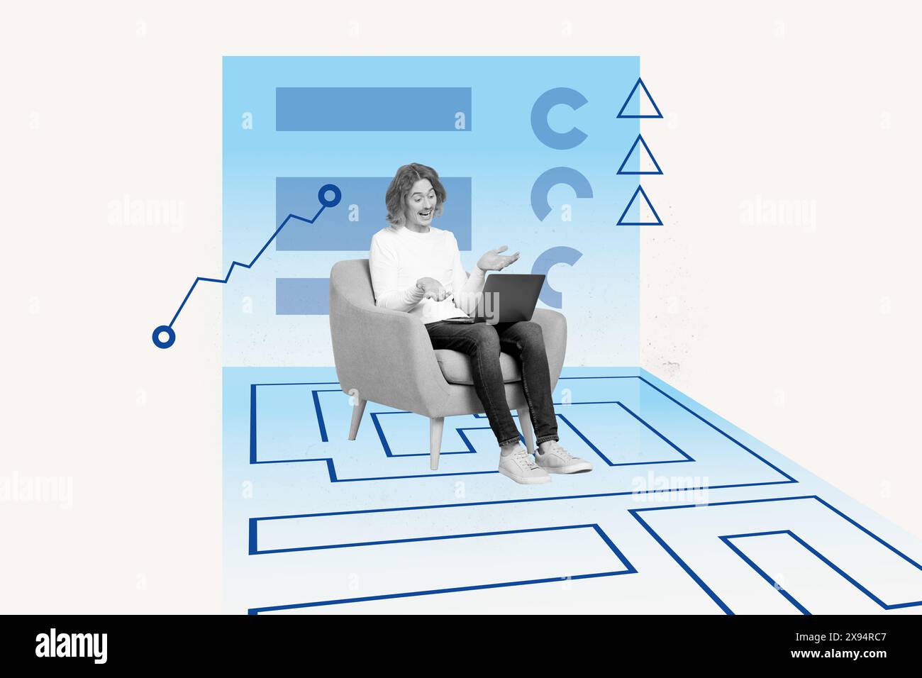 Grafica composita collage di interfaccia di colore blu diagramma statistiche pagina web project manager uomo programmatore seduto poltrona lavoro tipo laptop Foto Stock