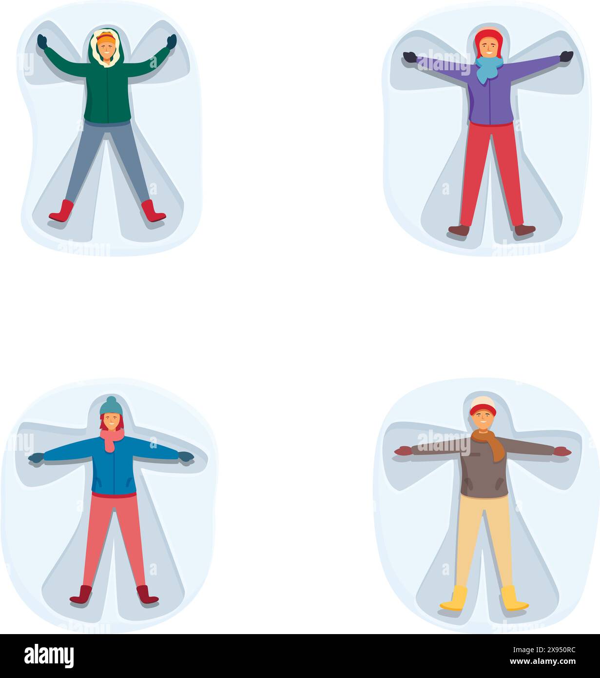 Set di quattro personaggi illustrati che indossano giacche e abbigliamento invernali colorati Illustrazione Vettoriale