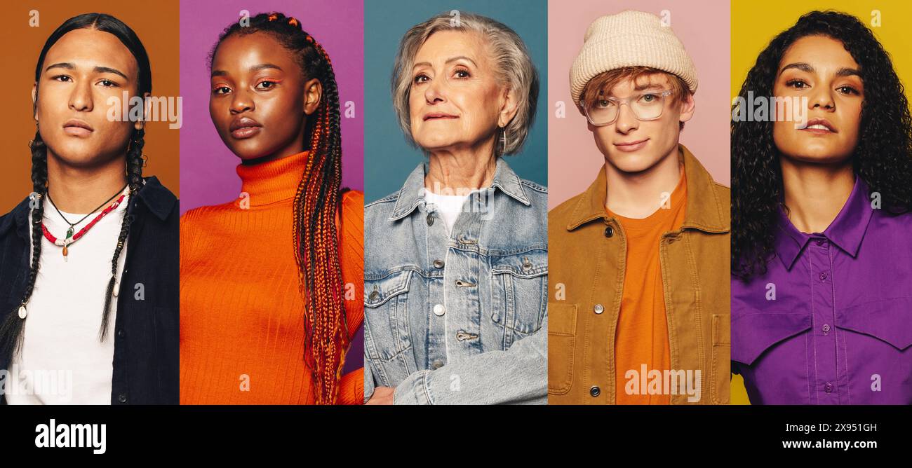 Un vivace spettacolo di diversità, con ritratti ravvicinati di cinque persone su sfondi sorprendentemente colorati. Foto Stock