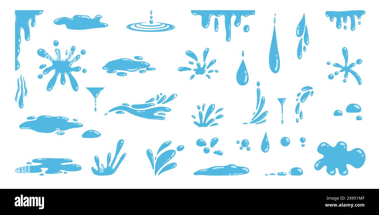 Cartoon blu gocciola gocce d'acqua, spruzzi, spruzzi e lacrime. Flusso liquido, onda, flusso e pozzanghere. Natura acqua movimento forme vettore set Illustrazione Vettoriale