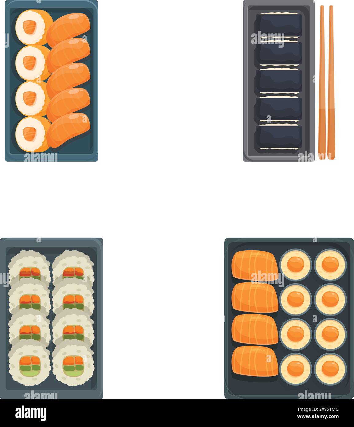 Design vettoriale piatto di sushi set con bacchette su sfondo scuro, perfetto per la grafica dei menu Illustrazione Vettoriale