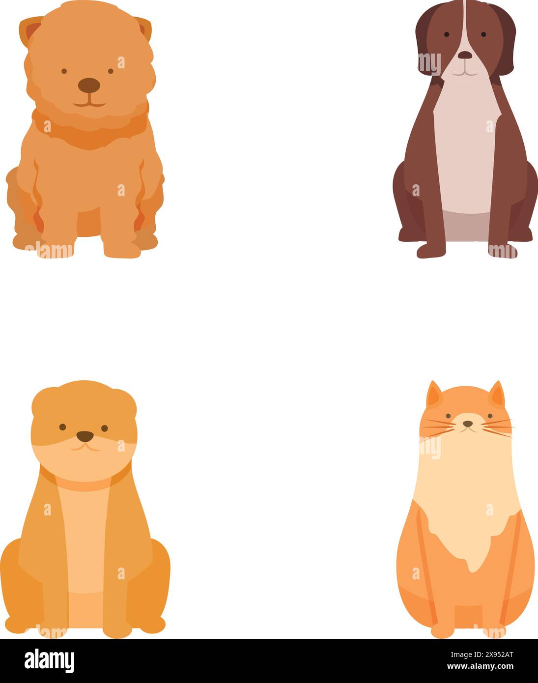 Collezione di quattro adorabili illustrazioni animate con due cani e due gatti in uno stile piatto Illustrazione Vettoriale