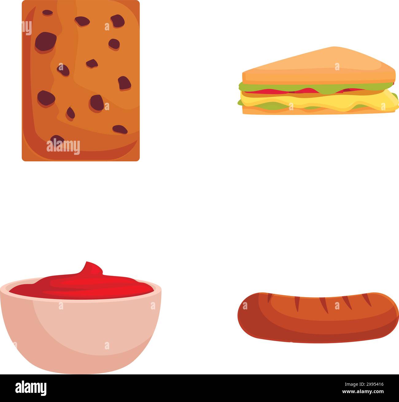 Ampia scelta di fast food in stile cartoni animati, tra cui biscotti, sandwich, ciotola per ketchup e salsiccia Illustrazione Vettoriale