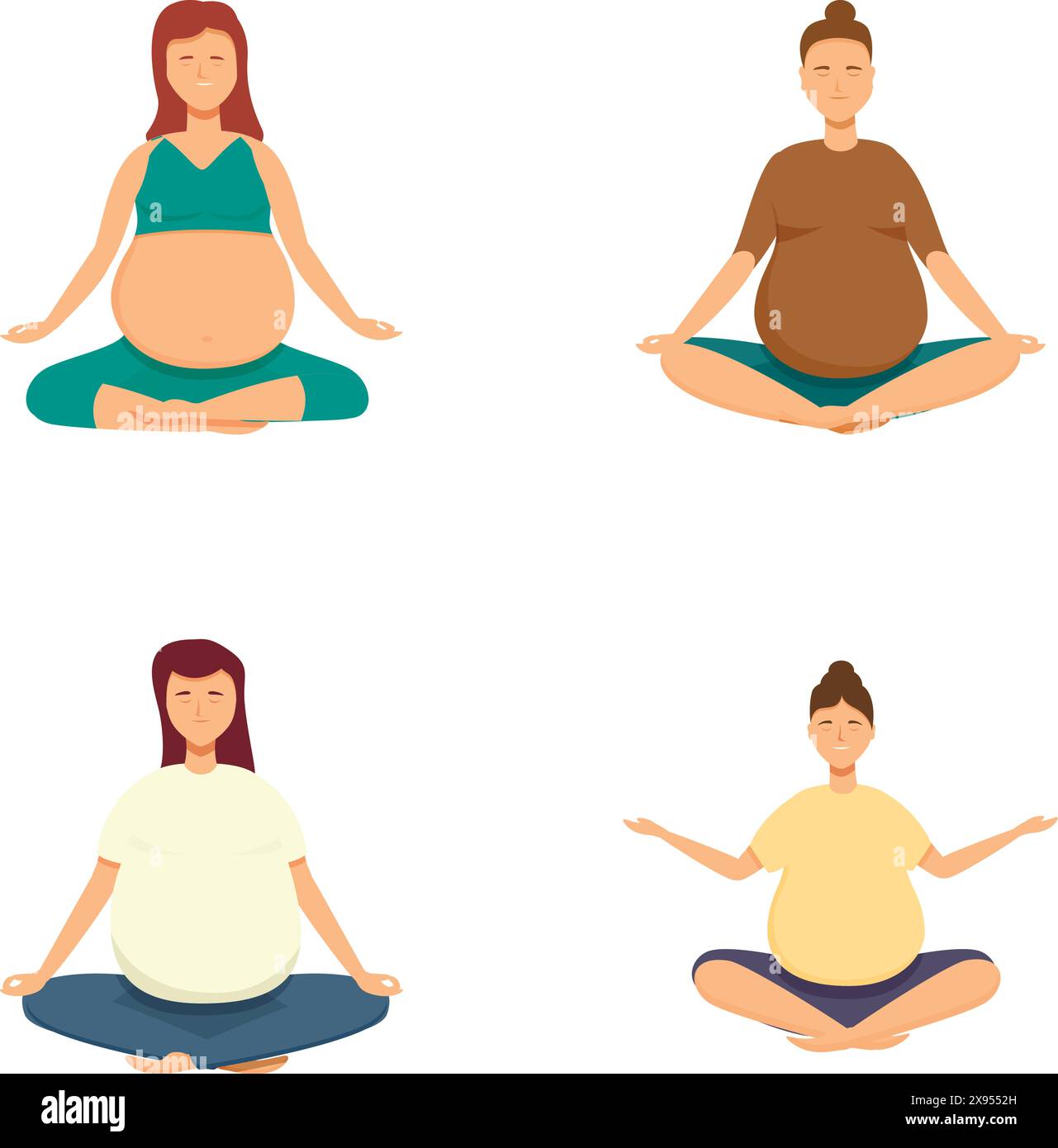Illustrazione di madri calme in attesa in varie posizioni yoga che promuovono il benessere Illustrazione Vettoriale