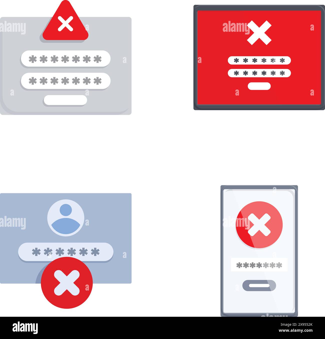Raccolta di quattro icone dal design piatto che simboleggiano l'immissione di password non corrette Illustrazione Vettoriale