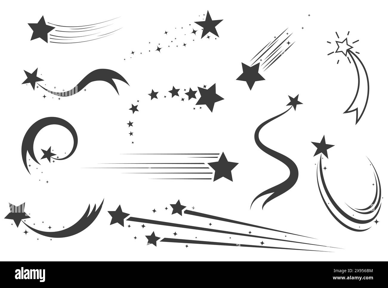 Icone delle stelle cadenti, stella volante con coda di cometa, serie di stelle cadenti con sentieri, vettore Illustrazione Vettoriale