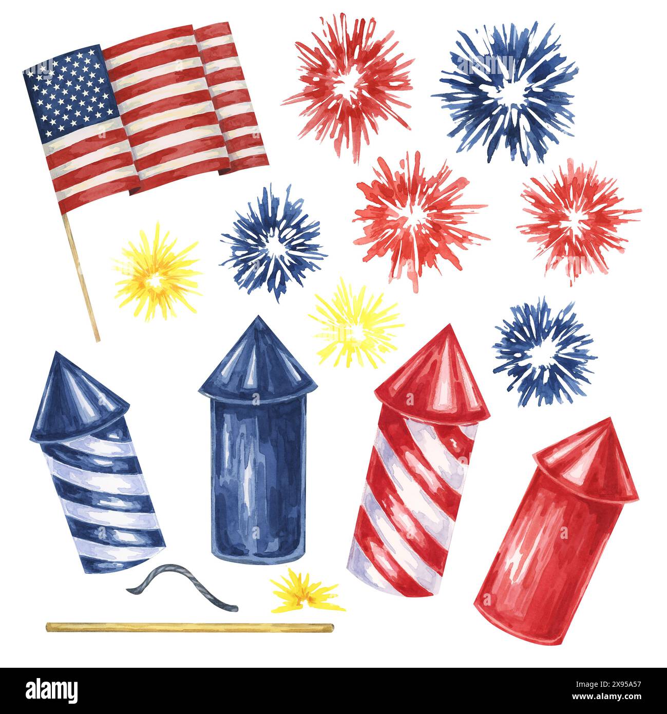 4 luglio, USA giorno dell'indipendenza elementi di design per le festività nazionali. Fuochi d'artificio, violentatori, bandiera americana. Acquerello cliparts per il 4 luglio biglietto d'auguri, invito alla festa, striscione, vendita al dettaglio Foto Stock