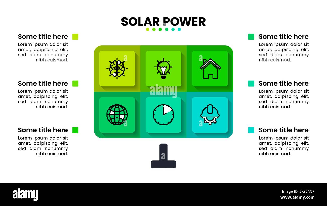 Modello infografico con icone e 6 opzioni o passaggi. Energia solare. Può essere utilizzato per layout del flusso di lavoro, diagrammi, banner, webdesign. Illustrazione vettoriale Illustrazione Vettoriale